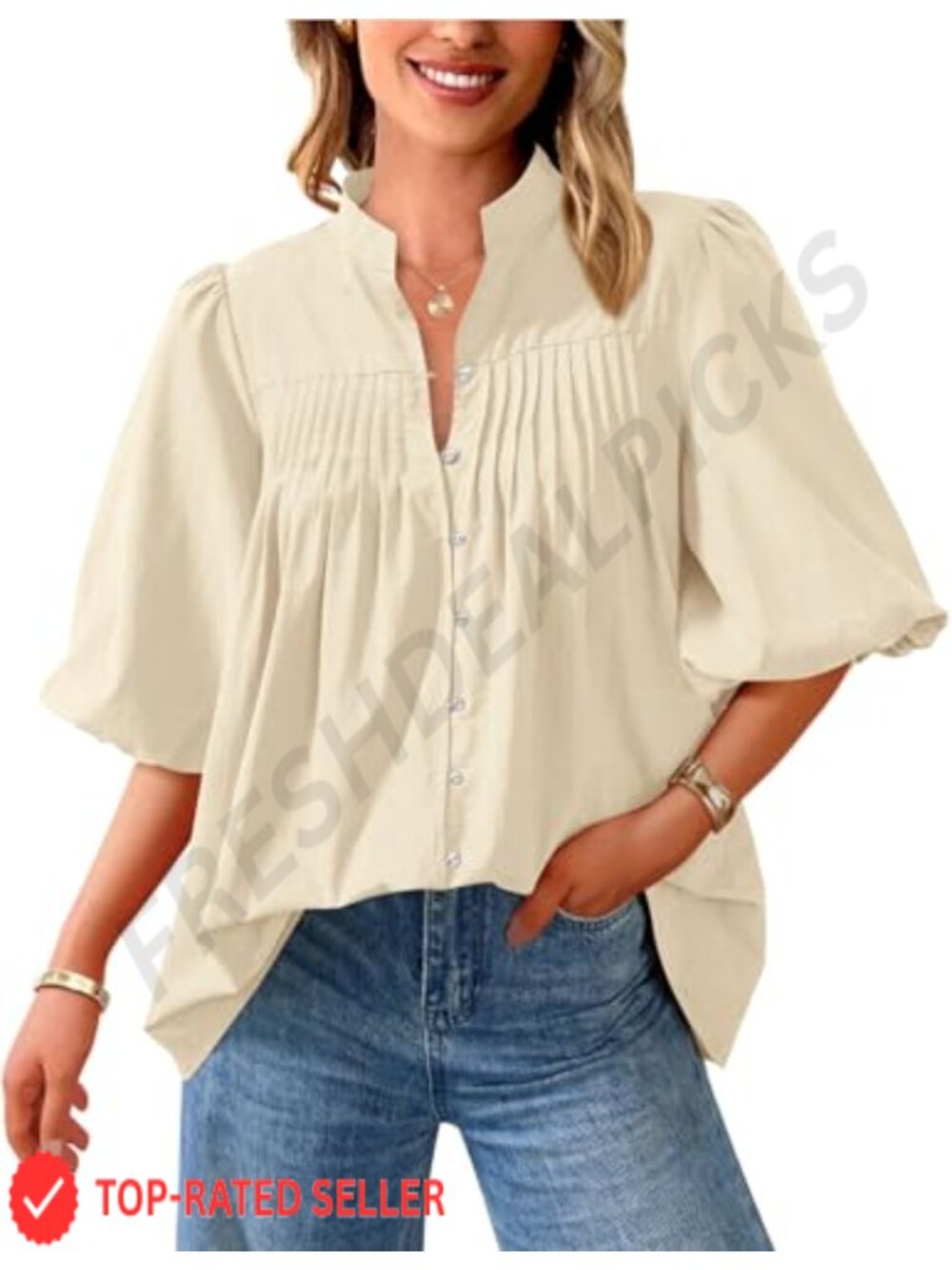 Womens Short Sleeve Henley VNeck Blouse Loose Fit Pleated Top